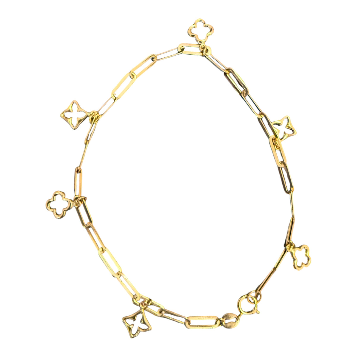 10K Gold Paperclip Clover Charm Bracelet